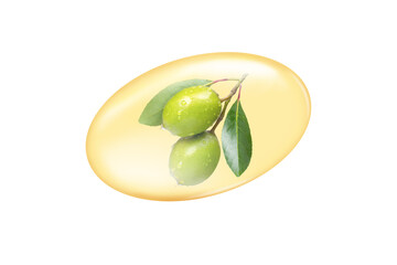 Olive oil in yellow transparent capsule isolated oil white background with clipping path.