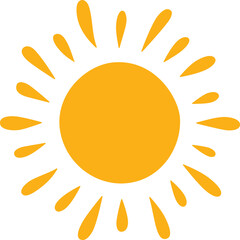Doodle childish sun icon. Scribble yellow sun with rays symbol. Doodle children drawing. Hand drawn burst. Hot weather sign. Vector illustration isolated on white background.