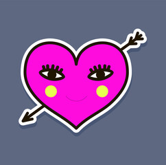 Smiling heart. Kawaii style. Painted heart shaped elements for valentines day greeting card. Retro style, crazy, groovy, hippie aesthetics