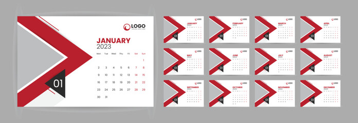 Monthly Desk Calendar for the 2023 Year Template Vector Design, Week starts on Monday, Template for Annual Calendar 2023 with Geometric Shapes, Table Calendar Layout with Triangle Vector Background
