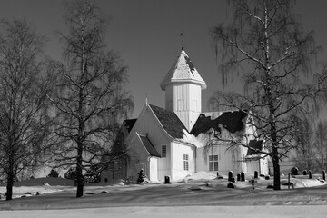 Kolbu Church, Toten, Norway, in winter - version black&white