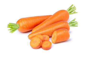 Carrots and carrot cut sliced isolated on white background.