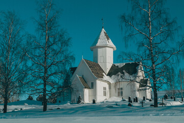 Kolbu Church, Toten, Norway, in winter.