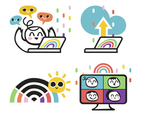 Série d'illustrations mignonnes, bonheur au travail, décoration arc-en-ciel, personnage en télétravail sur son ordinateur, wi-fi et soleil, bonne humeur, réunion entre collègues, sauvegarde de données