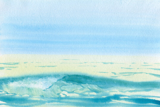 Abstract sea landscape. Watercolor sea with a wave in the foreground.