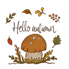 Hello autumn hand lettering phrase on leaf and mushroom background