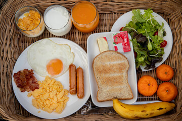 healthy breakfast and fruit in plate