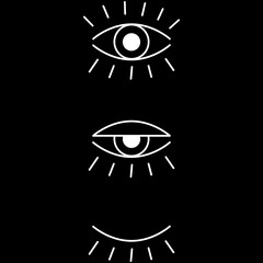 Abstract illustration of eyes. Vector eye set art. Black and white. Black background. One line drawing.	