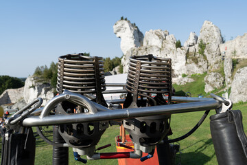 Hot air balloon gas burner. Ballooning equipment to heat up the envelope. Aerostat engine unit coils to move the balloon off the ground and into the air.