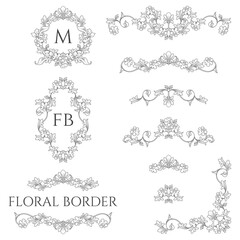 Set of vintage corners, borders and monogram frames. Contour drawing of flowers and leaves. Floral classic decorative elements.