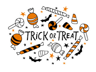 'Trick or Treat' lettering surrounded by candies. Trick or Treat Halloween card isolated. Greeting card Sketch Vector illustration for poster, invitation. Decorative poster with text inscription
