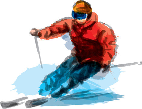 Colored hand brush sketch of a skier. Vector illustration.