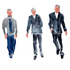 Minimalist stylized sketch with three walking men. Isolated on white. Hand drawn watercolor with paper texture. Raster