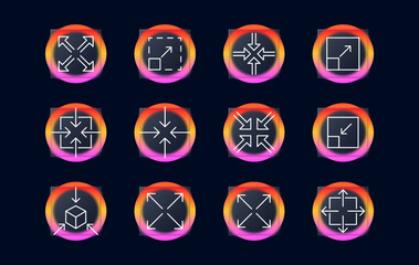 Zoom in and out arrows set icon. Navigation buttons, maximize, minimize, scale, player, viewer, angles of view. Technology concept. Glassmorphism style. Vector line icon for Business and Advertising
