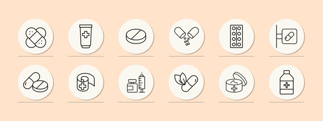 The medicine set icon. First aid kit, plaster, tablet, plate, ointment, injection, bandage, face cream. Healthcare concept. Pastel color background. Vector line icon for Business and Advertising