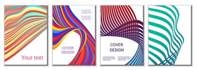 A set of 4 abstract covers. Wavy parallel gradient lines, ribbons evolve. Cover design, background. Trendy banner, poster.