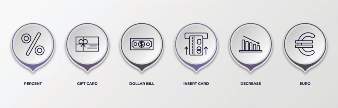 infographic template with outline icons. infographic for e commerce and payment concept. included percent, gift card, dollar bill, insert card, decrease, euro editable vector. - Powered by Adobe