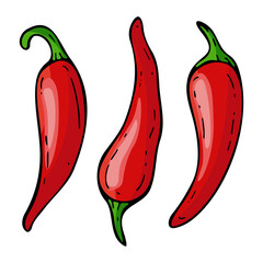 Colorful chili peppers with black contour on white background
