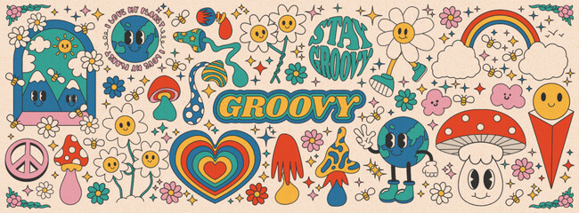 Collection of vintage groovy elements and characters. Retro character, hippie 70s style, psychedelic mushrooms, flowers, rainbow, heart and planet earth. Vintage vector set - obrazy, fototapety, plakaty