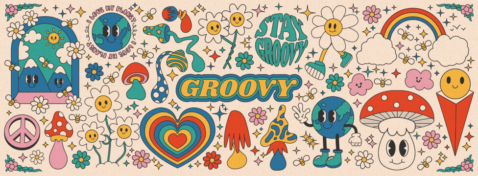Collection of vintage groovy elements and characters. Retro character, hippie 70s style, psychedelic mushrooms, flowers, rainbow, heart and planet earth. Vintage vector set