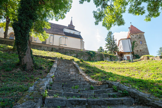 Stone stairs leading to the church on the hill in the historic fortified town of Sighisoara in Romania