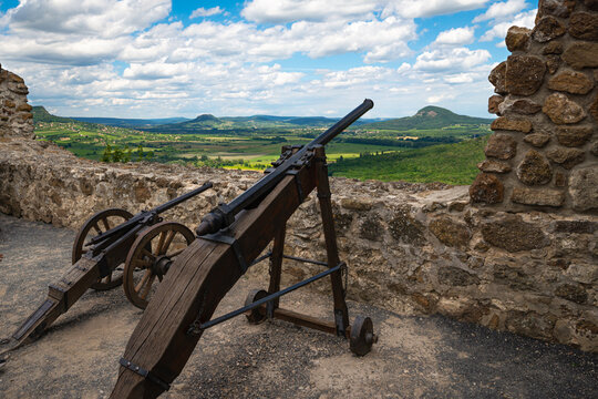 Cannons on the defensive stone wall of famous Szigetliget Castle near Lake Balaton in Hungary