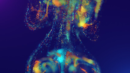 3D rendering of a multicolored, vibrant, abstract cloud of particles in space