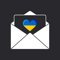 An open congratulatory envelope with an enclosed heart in the colors of the flag of Ukraine on a black background. Vetcor.