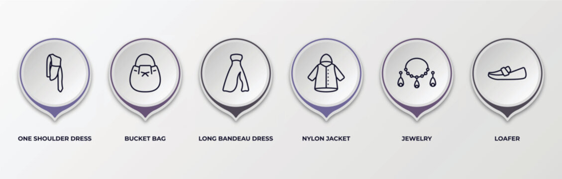 infographic template with outline icons. infographic for clothes concept. included one shoulder dress, bucket bag, long bandeau dress, nylon jacket, jewelry, loafer editable vector.