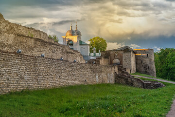 Famous Izborsk fortress in Pskov region,Russia at sunset.