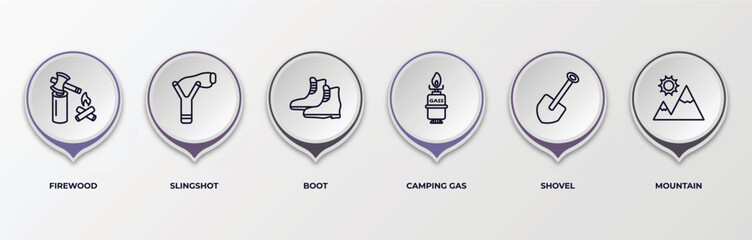infographic template with outline icons. infographic for camping concept. included firewood, slingshot, boot, camping gas, shovel, mountain editable vector.
