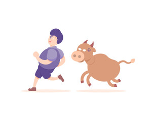 A man ran to escape from the cows. people are chased by angry cows because they don't want to be slaughtered. animal. concept illustration design