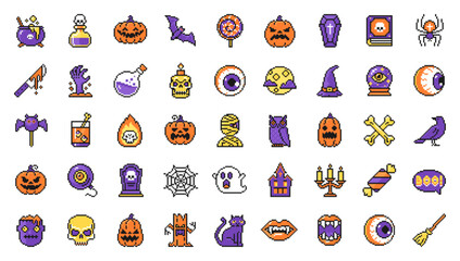 Set of Halloween icons in pixel art style, vector sign symbols.