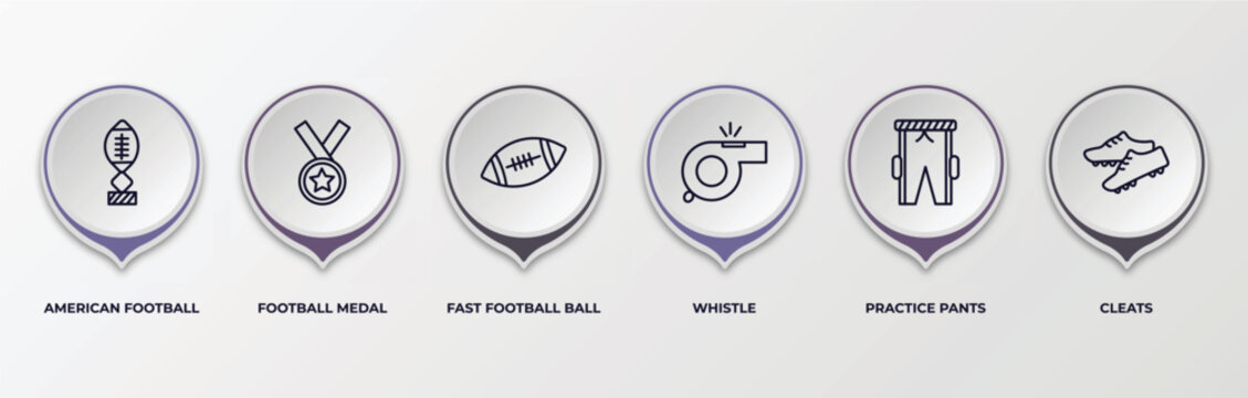 infographic template with outline icons. infographic for american football concept. included american football tee, football medal, fast ball, whistle, practice pants, cleats editable vector.