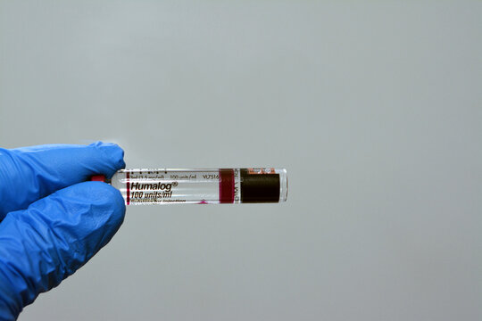 Cairo, Egypt, September 14 2022: Humalog 100 units ml solution for injection in cartridge insulin lispro used to treat diabetes mellitus patients taken before meals as short acting insulin by Lilly CO