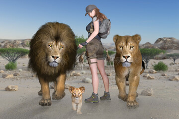アフリカの動物管理官の女性と野生のライオンの親子