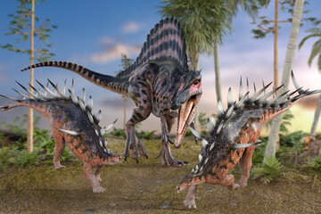 大きなスピノサウルスに襲われて2匹のケントロサウルスが逃げる