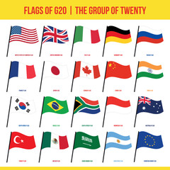 G20 Waving Flags. Group of Twenty Flags. Intergovernmental forum. G20 Isolated Vector Flags Set