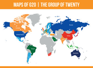 G20 Maps. Group of Twenty. Intergovernmental forum. G20 Isolated Vector Maps Set