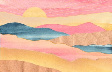 abstract  watercolor collage with sunrise in the wavy mountains