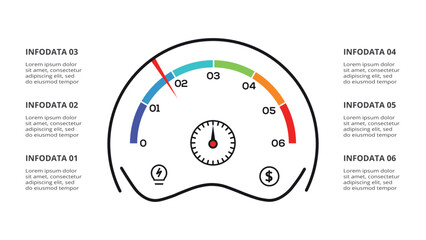 Speedometer infographic with 6 elements template for web, business, presentations, vector illustration. Business data visualization.