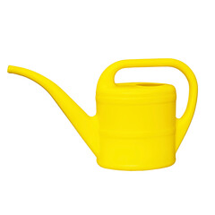 Yellow plastic watering can, isolated on a white background