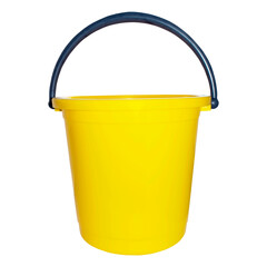 Yellow plastic bucket with black handle, isolated on a white background - obrazy, fototapety, plakaty
