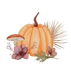 Watercolor floral autumn ilustration orange pumpkin, fly agaric muchroom, dry palm leaf and wildflowers