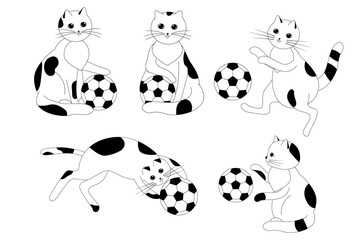 Set of cute  cats with balls. Funny kitten.