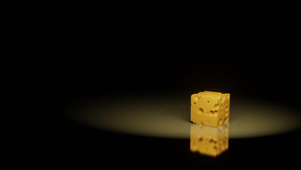 Cheese cube in close range on a glass kitchen desk (3D Rendering)