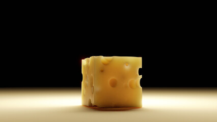 Cheese cube in close range on a glass kitchen desk (3D Rendering)