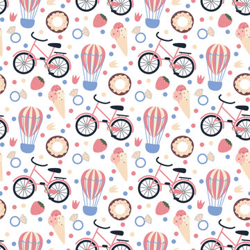 seamless pattern with doodle transport and sweets 