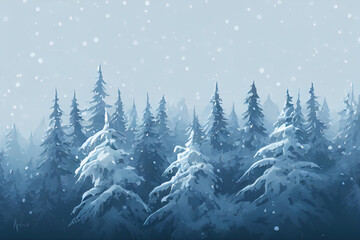 Beautiful watercolor coniferous forest illustration, Christmas fir trees, winter nature, holiday background, conifer, snowfall, outdoor. 3d Illustration