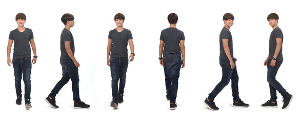 front, back and side view of  same teenager boy walking  on white backgroud